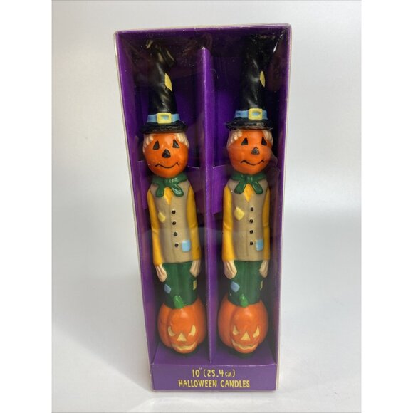 Vintage Halloween Scarecrow Figural Candles 10" Orange Pumpkin Unused 2 pack - Picture 1 of 6